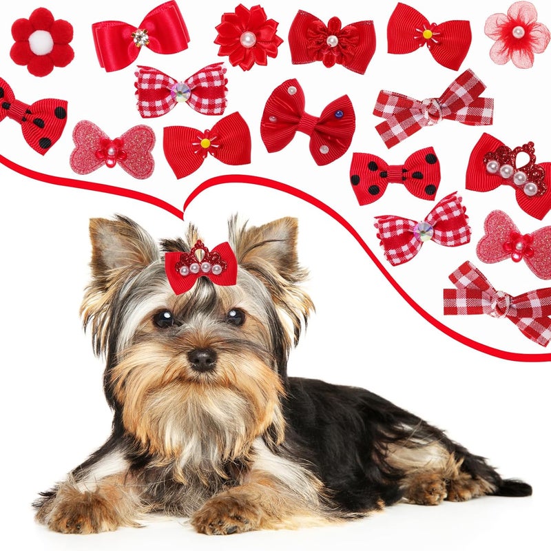 Gvhntk 24Pcs Red Small Dog Hair Bows Cute Puppy Dog Bowknot Hair Bow Bulk with Rubber Bands Elastic Lace Rhinestone Pearls Hair Ties Mix Style Handmade Flower Bow Dog Cat (Red, Strong Pattern) - Image 4